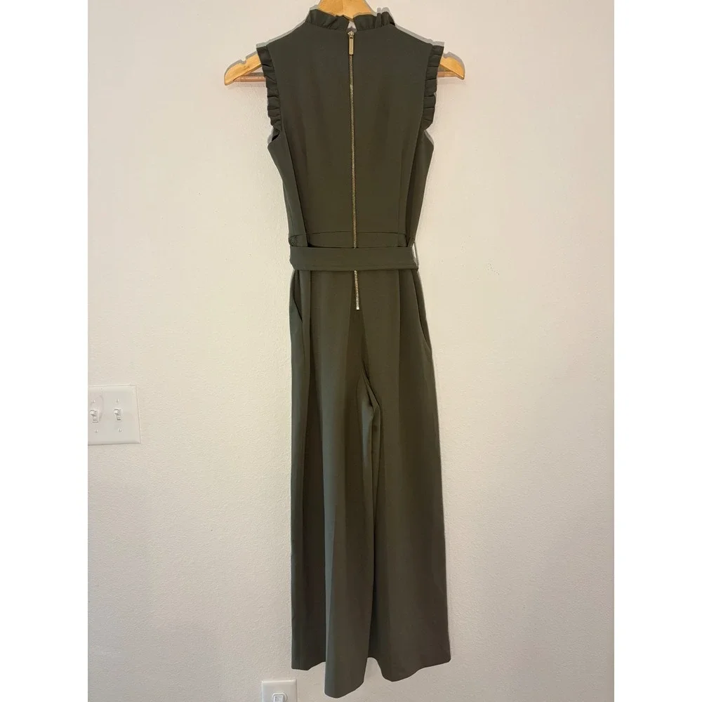Calvin Klein Womens Ruffle V-Neck Wide Leg Jumpsuit Olive Green Size 2 Belted - Picture 3 of 9